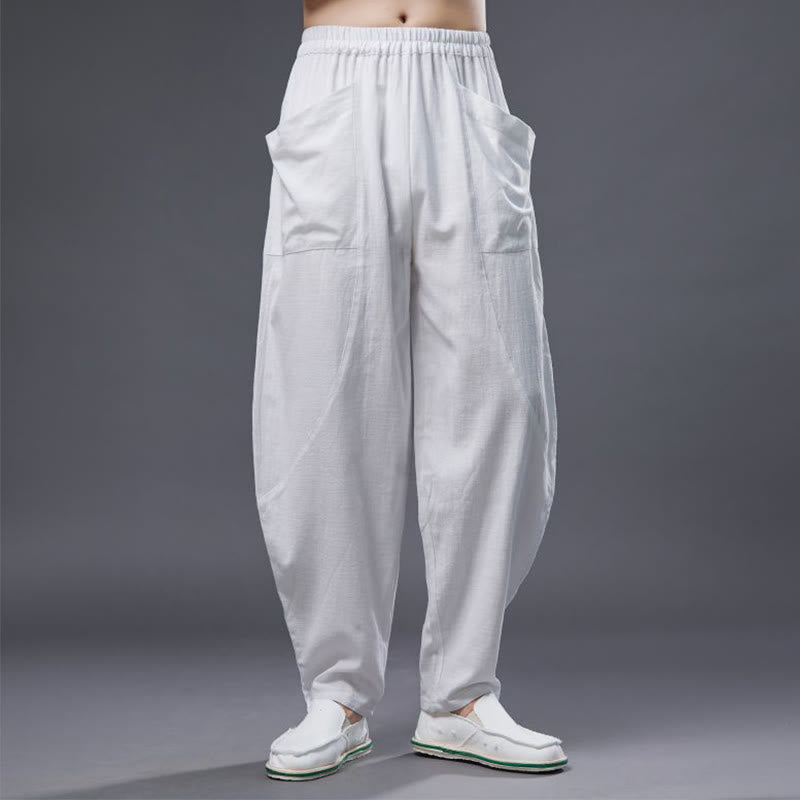 Solid Color Cotton Ramie Linen Men's Elastic Waist Harem Pants With Pockets - Image 9