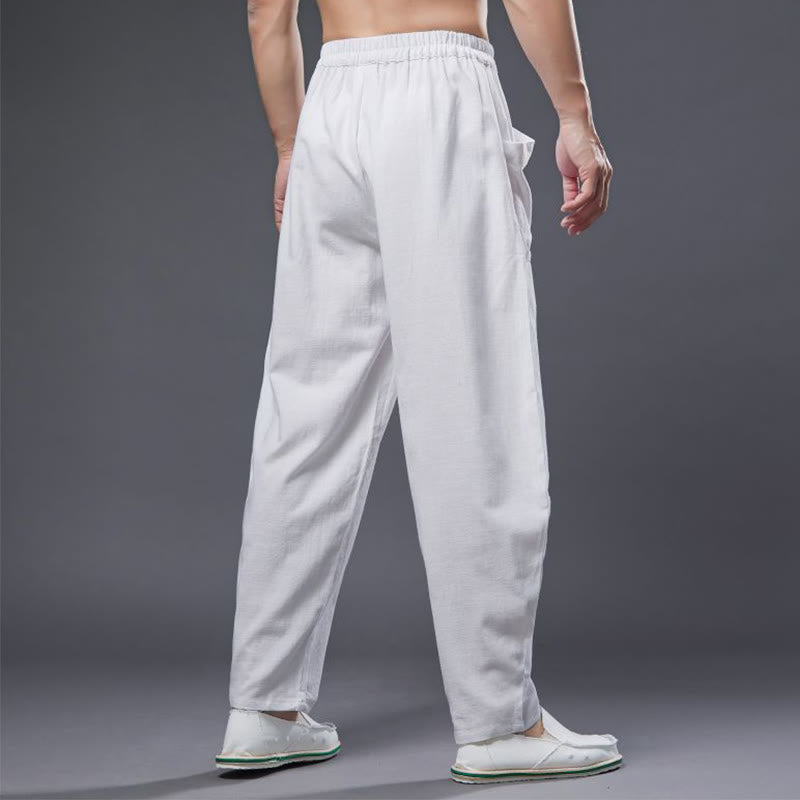 Solid Color Cotton Ramie Linen Men's Elastic Waist Harem Pants With Pockets - Image 5