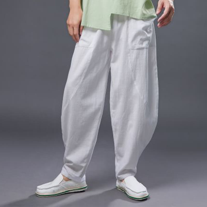 Solid Color Cotton Ramie Linen Men's Elastic Waist Harem Pants With Pockets - Image 7