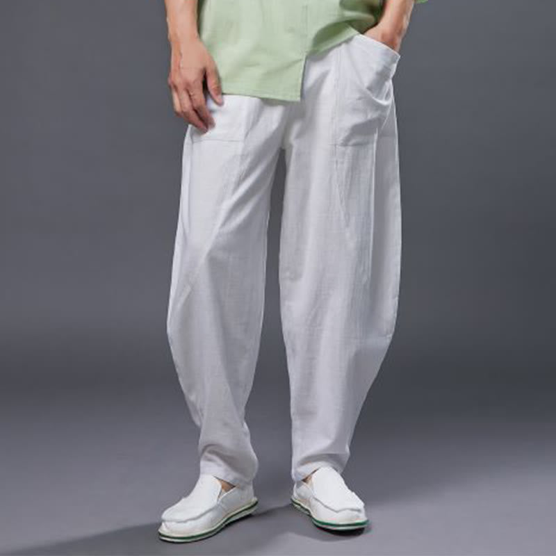 Solid Color Cotton Ramie Linen Men's Elastic Waist Harem Pants With Pockets - Image 10