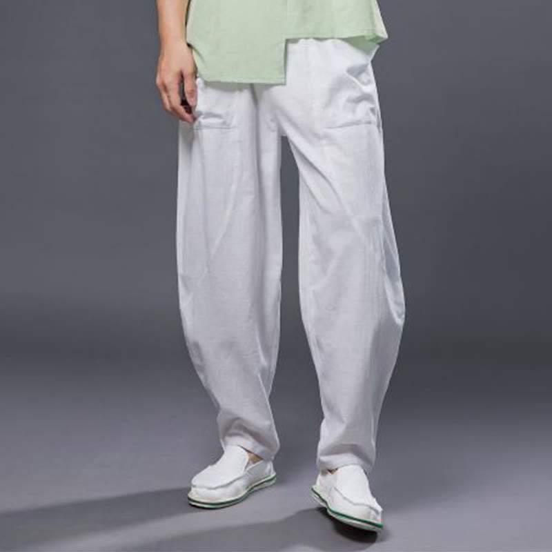 Solid Color Cotton Ramie Linen Men's Elastic Waist Harem Pants With Pockets - Image 8