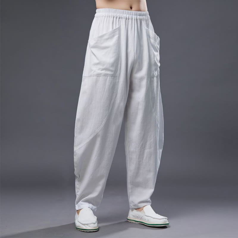 Solid Color Cotton Ramie Linen Men's Elastic Waist Harem Pants With Pockets - Image 11