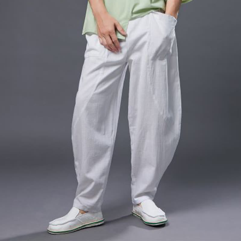 Solid Color Cotton Ramie Linen Men's Elastic Waist Harem Pants With Pockets - Image 3