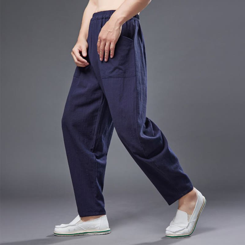 Solid Color Cotton Ramie Linen Men's Elastic Waist Harem Pants With Pockets - Image 16