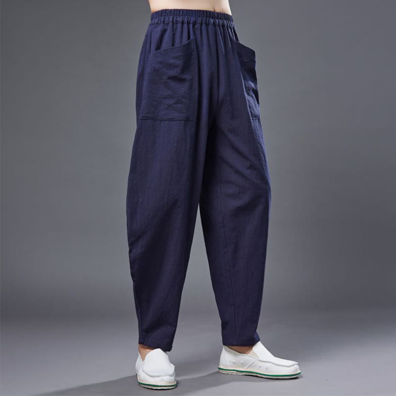 Solid Color Cotton Ramie Linen Men's Elastic Waist Harem Pants With Pockets - Image 13