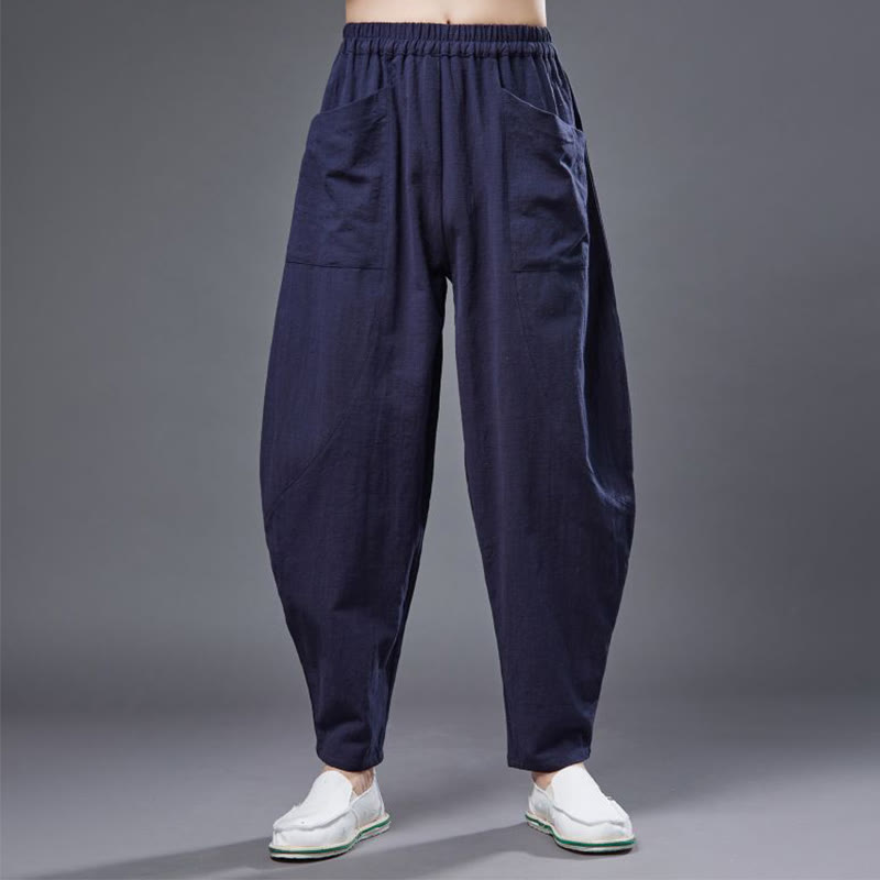 Solid Color Cotton Ramie Linen Men's Elastic Waist Harem Pants With Pockets - Image 17
