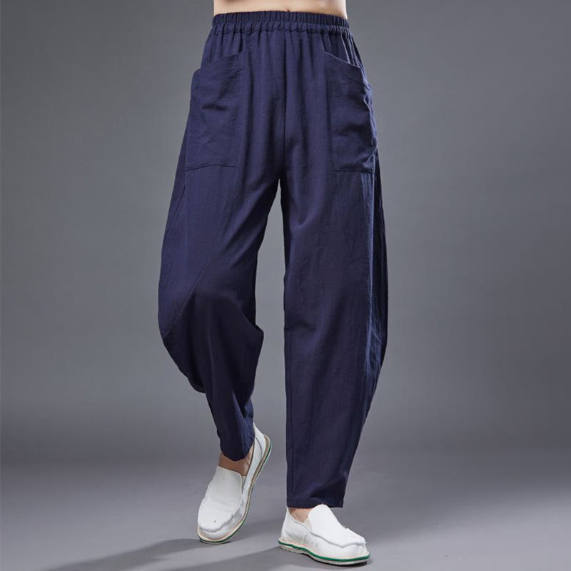 Solid Color Cotton Ramie Linen Men's Elastic Waist Harem Pants With Pockets - Image 12