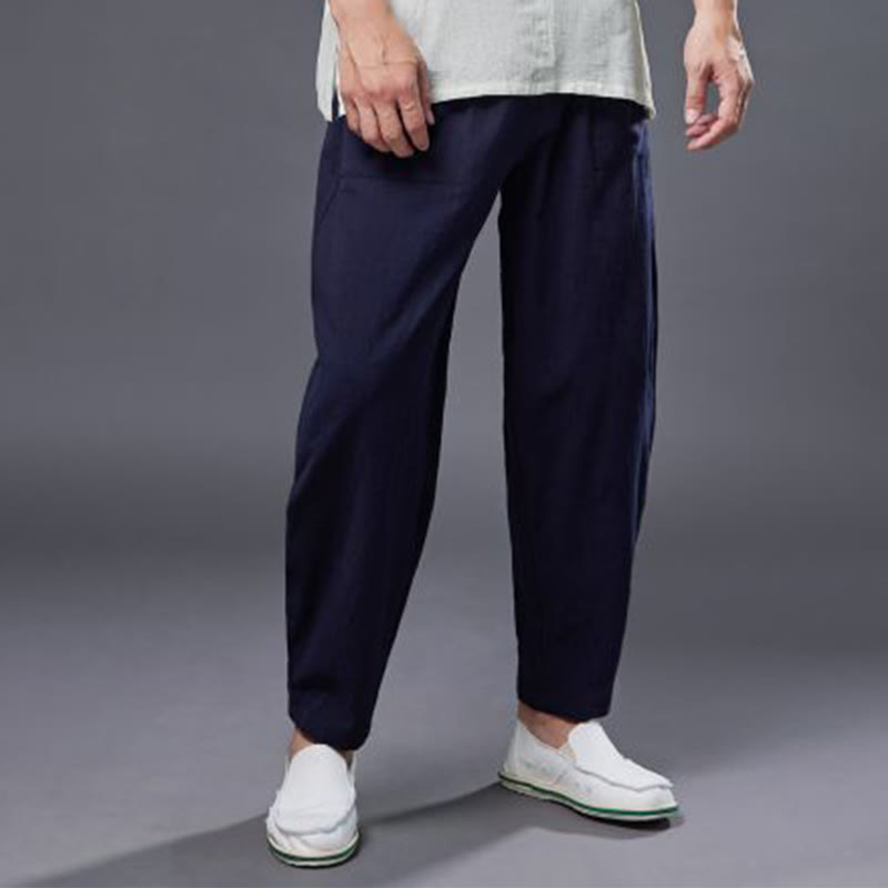 Solid Color Cotton Ramie Linen Men's Elastic Waist Harem Pants With Pockets - Image 18
