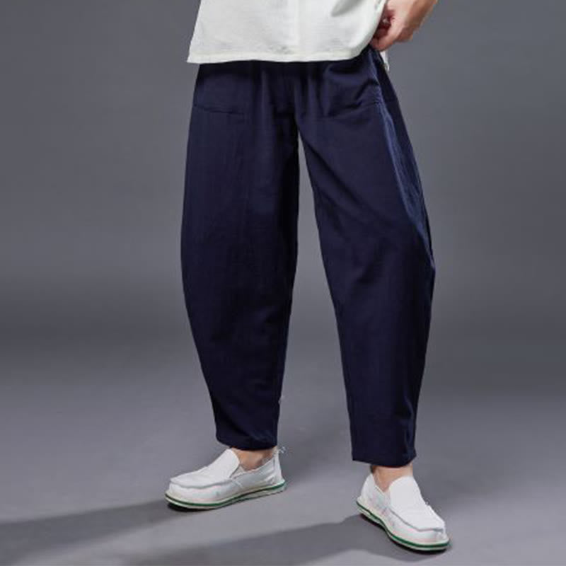 Solid Color Cotton Ramie Linen Men's Elastic Waist Harem Pants With Pockets - Image 14