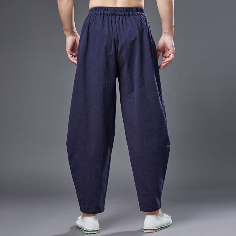 Solid Color Cotton Ramie Linen Men's Elastic Waist Harem Pants With Pockets - Image 15