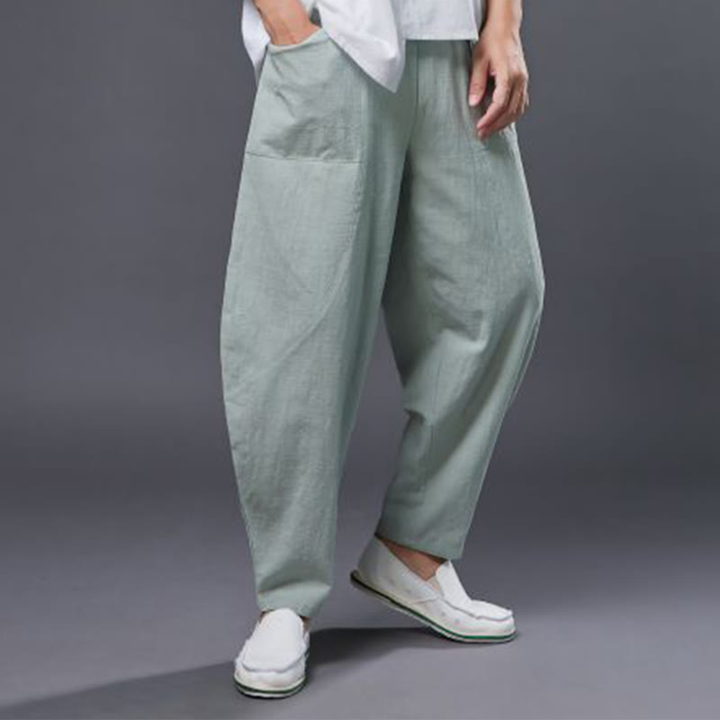 Solid Color Cotton Ramie Linen Men's Elastic Waist Harem Pants With Pockets - Image 27