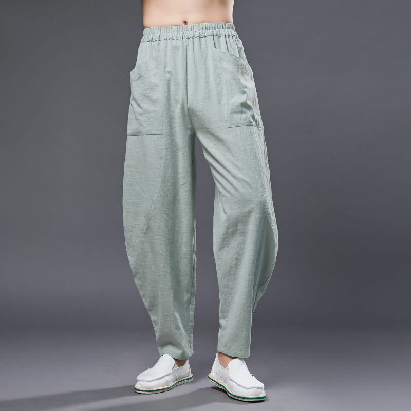 Solid Color Cotton Ramie Linen Men's Elastic Waist Harem Pants With Pockets - Image 19
