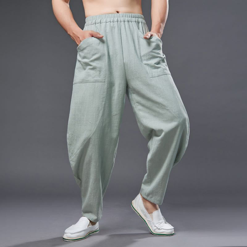 Solid Color Cotton Ramie Linen Men's Elastic Waist Harem Pants With Pockets - Image 25