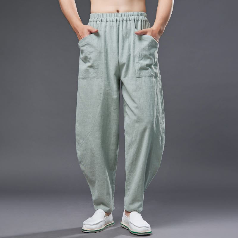Solid Color Cotton Ramie Linen Men's Elastic Waist Harem Pants With Pockets - Image 22