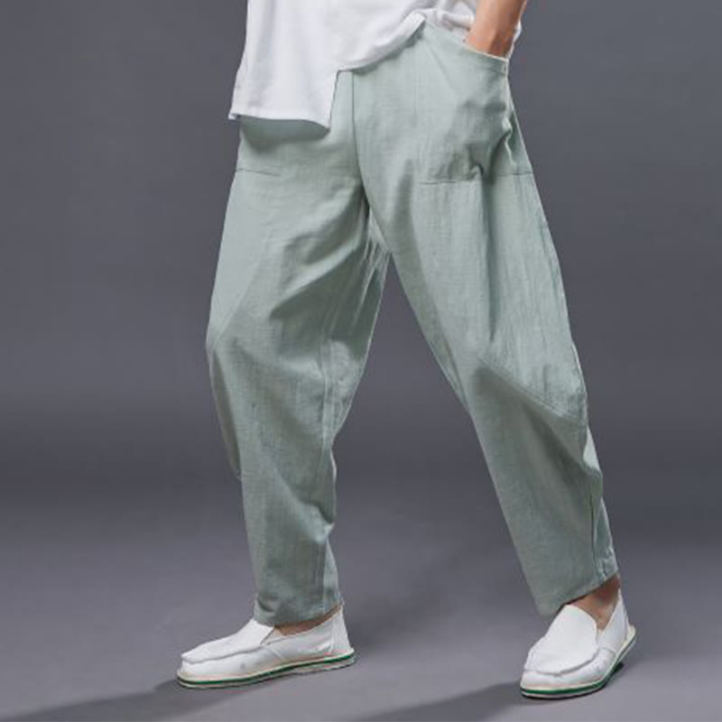 Solid Color Cotton Ramie Linen Men's Elastic Waist Harem Pants With Pockets - Image 23