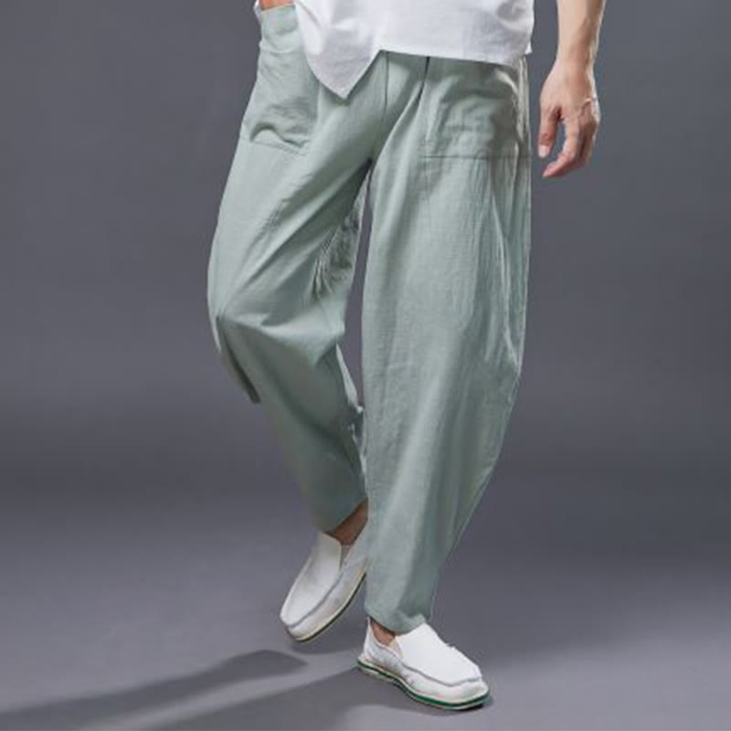 Solid Color Cotton Ramie Linen Men's Elastic Waist Harem Pants With Pockets - Image 26