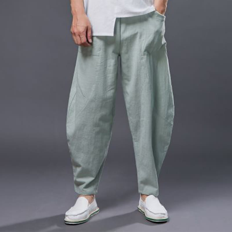 Solid Color Cotton Ramie Linen Men's Elastic Waist Harem Pants With Pockets - Image 24