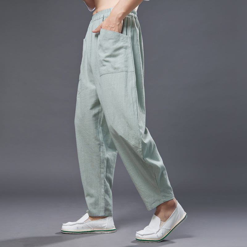 Solid Color Cotton Ramie Linen Men's Elastic Waist Harem Pants With Pockets - Image 21