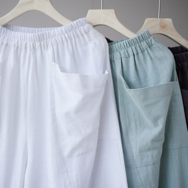 Solid Color Cotton Ramie Linen Men's Elastic Waist Harem Pants With Pockets - Image 29