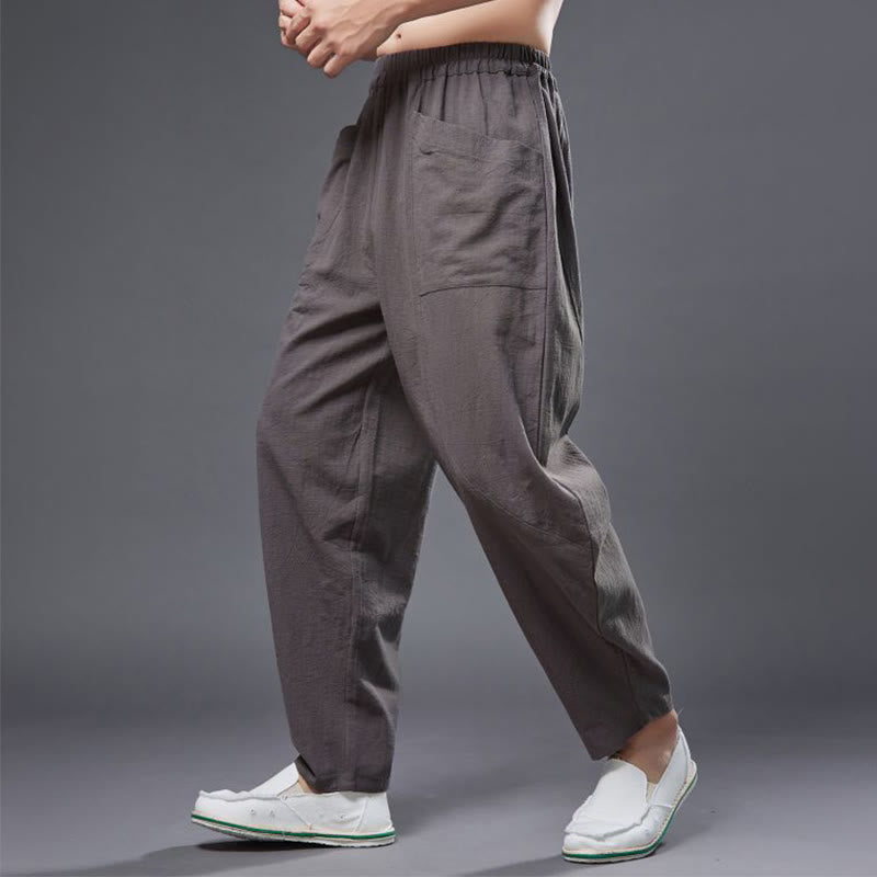Solid Color Cotton Ramie Linen Men's Elastic Waist Harem Pants With Pockets - Image 37