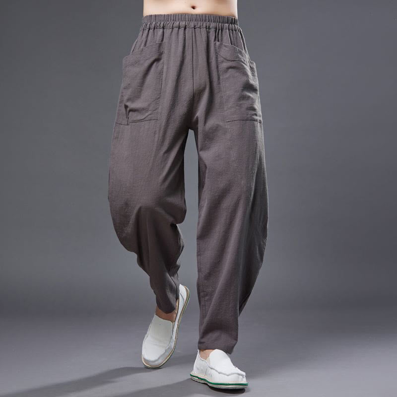 Solid Color Cotton Ramie Linen Men's Elastic Waist Harem Pants With Pockets - Image 34