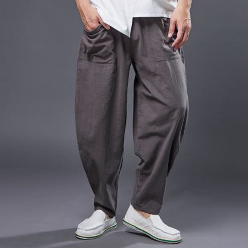 Solid Color Cotton Ramie Linen Men's Elastic Waist Harem Pants With Pockets - Image 38