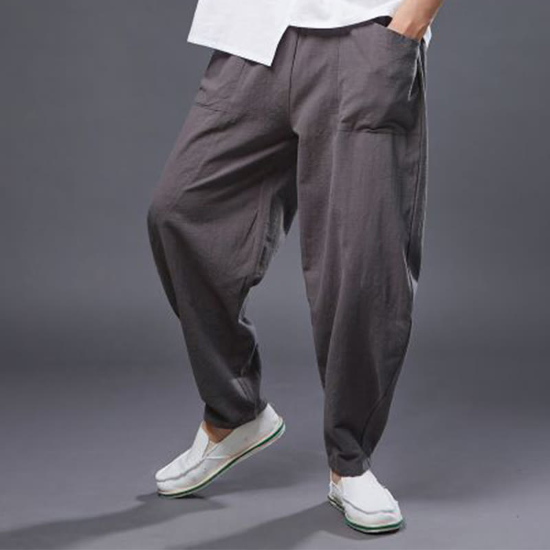 Solid Color Cotton Ramie Linen Men's Elastic Waist Harem Pants With Pockets - Image 39