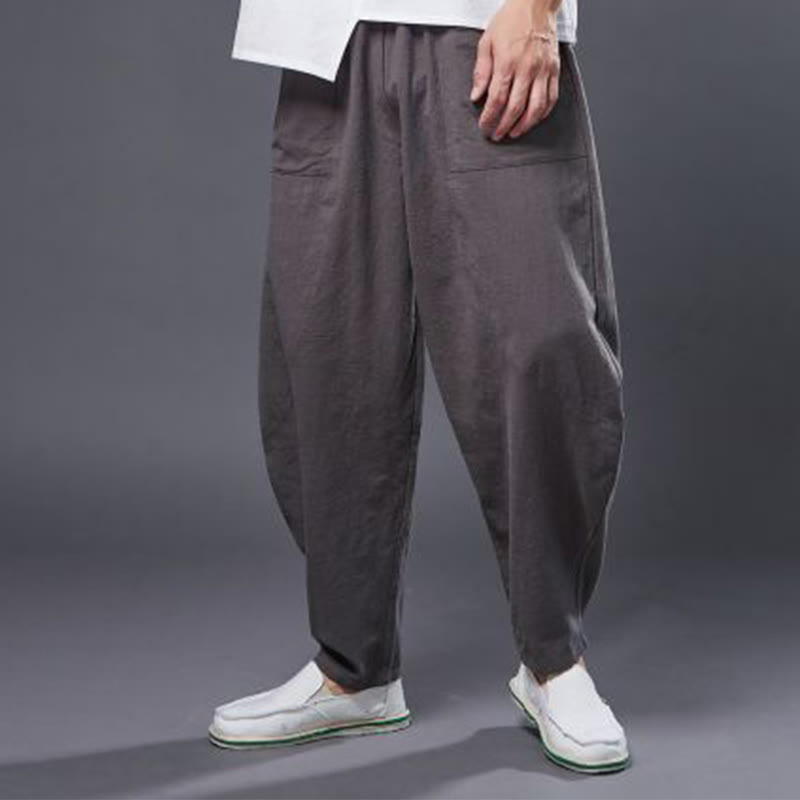 Solid Color Cotton Ramie Linen Men's Elastic Waist Harem Pants With Pockets - Image 40
