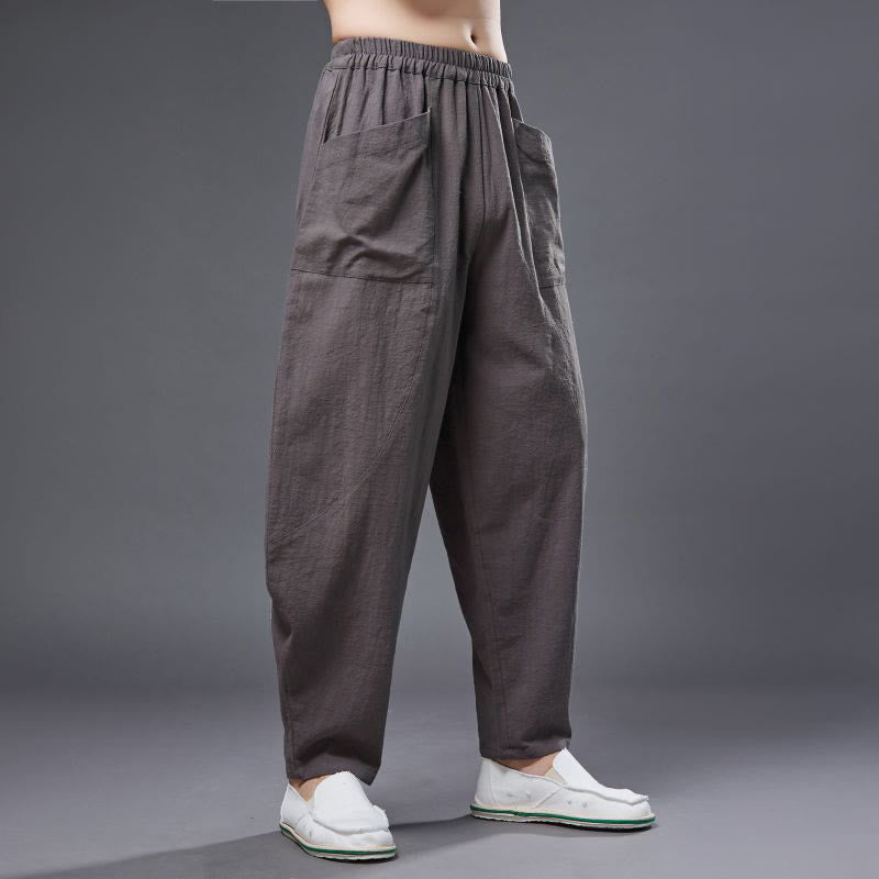 Solid Color Cotton Ramie Linen Men's Elastic Waist Harem Pants With Pockets - Image 35