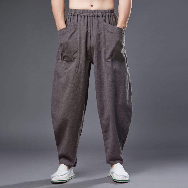 Solid Color Cotton Ramie Linen Men's Elastic Waist Harem Pants With Pockets - Image 36