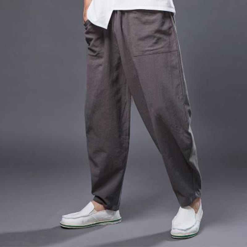 Solid Color Cotton Ramie Linen Men's Elastic Waist Harem Pants With Pockets - Image 41