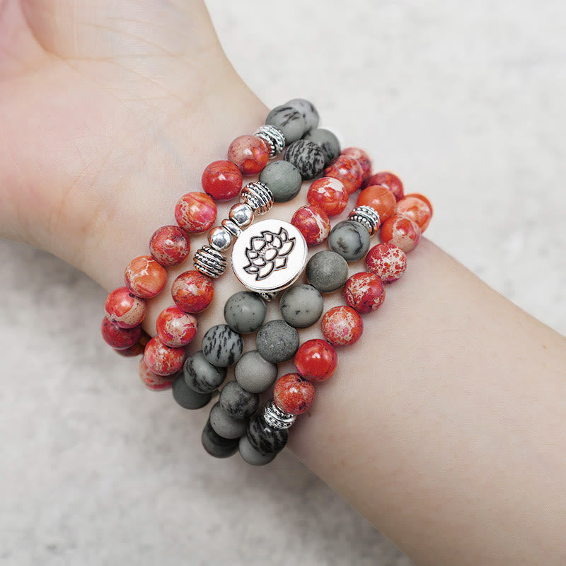 108 Mala Beads Natural Stone Sea Sediment Jasper Lotus Protection Bracelet - Image 5