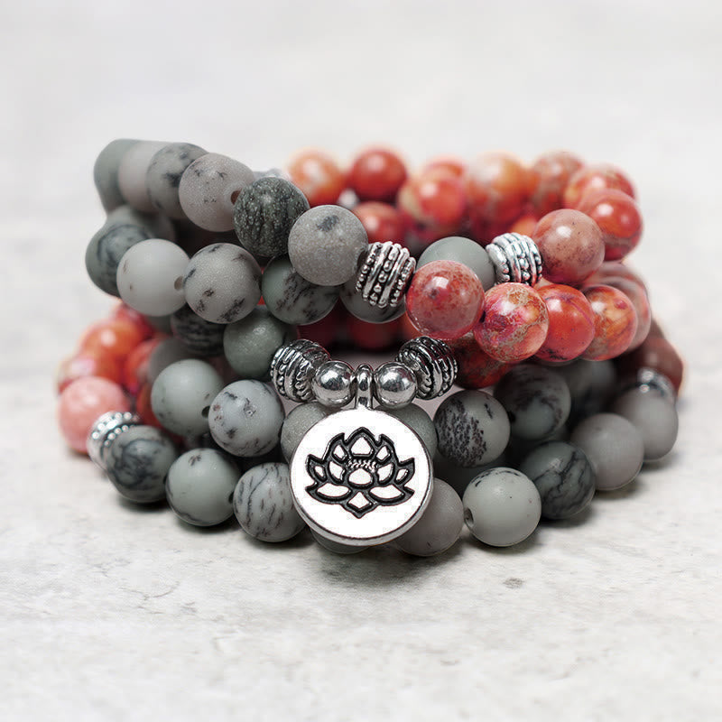 108 Mala Beads Natural Stone Sea Sediment Jasper Lotus Protection Bracelet - Image 3