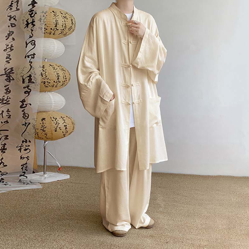 2Pcs Men's Long Sleeve Frog-Button Shirt Pants Meditation Zen Cotton Clothing Set