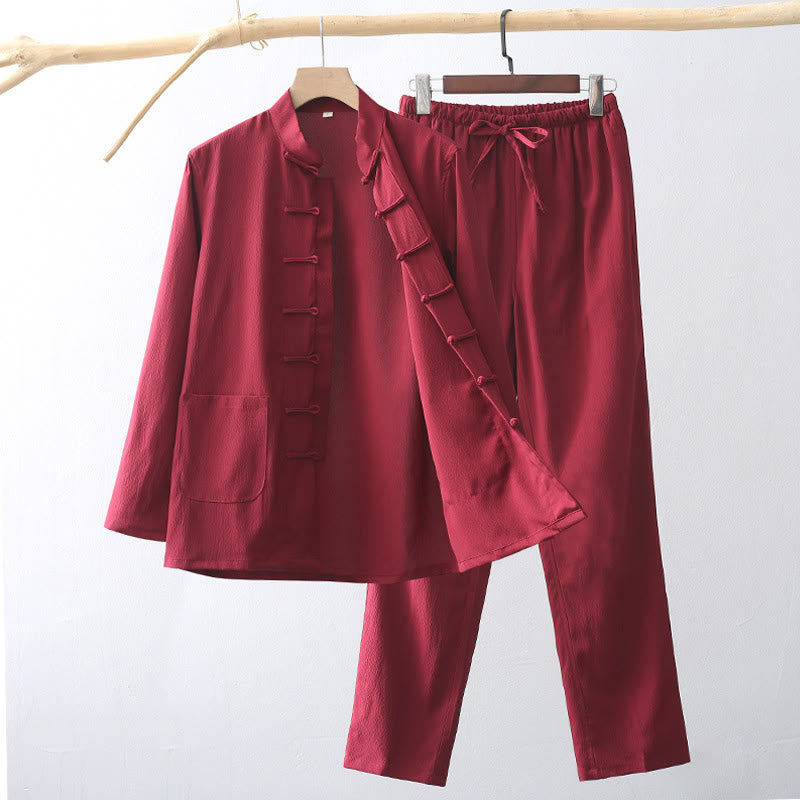 2Pcs Tang Suit Traditional Frog-Button Men's Long Sleeve Shirt Pants Clothing Set - Image 15