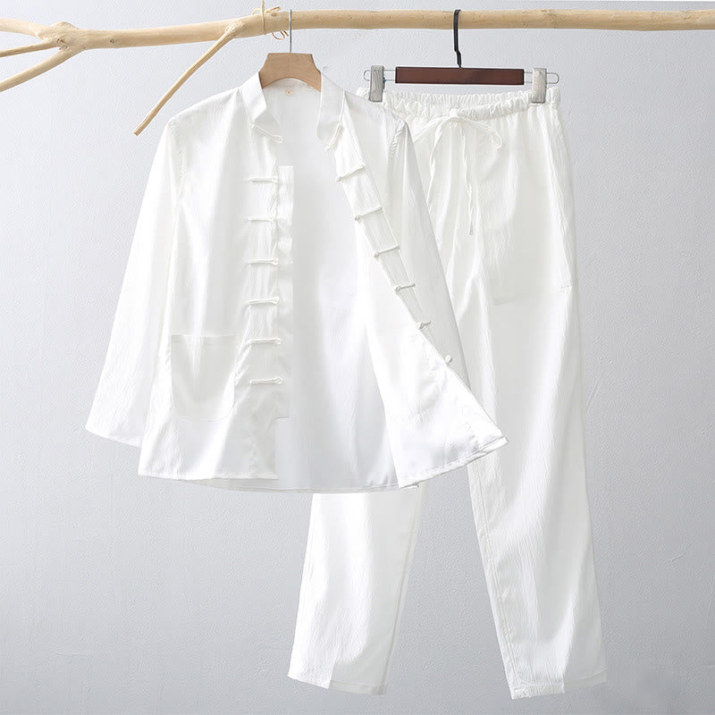 2Pcs Tang Suit Traditional Frog-Button Men's Long Sleeve Shirt Pants Clothing Set - Image 10