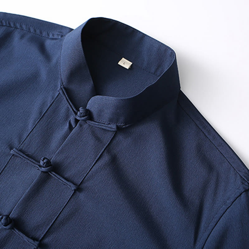 2Pcs Tang Suit Traditional Frog-Button Men's Long Sleeve Shirt Pants Clothing Set - Image 3