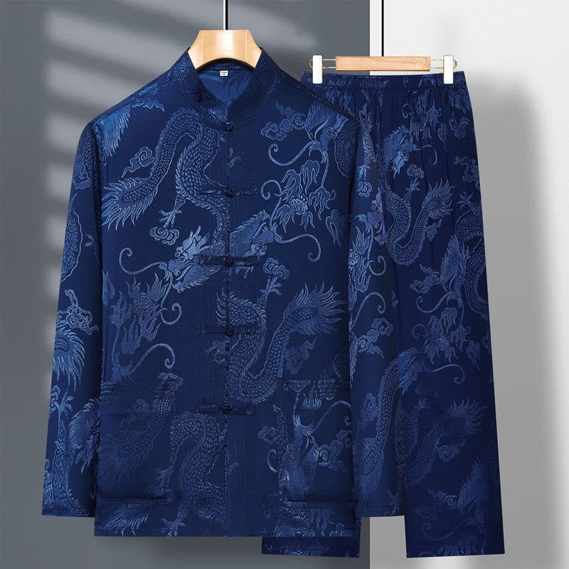 2Pcs Tang Suit Dragon Frog-Button Men's Long Sleeve Shirt Pants Clothing Set