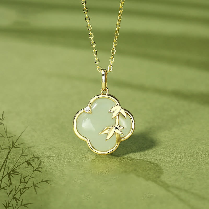 Hetian Jade 925 Sterling Silver Four Leaf Clover Bamboo Growth Necklace Pendant