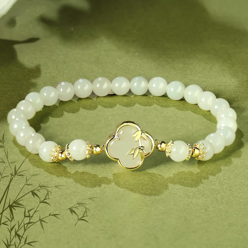 Hetian Jade 925 Sterling Silver Four Leaf Clover Bamboo Luck Bracelet