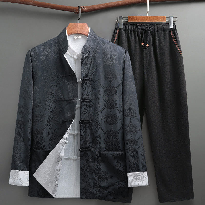 2Pcs Men's Tang Suit Koi Fish Pattern Frog-Button Long Sleeve Shirt Pants Set