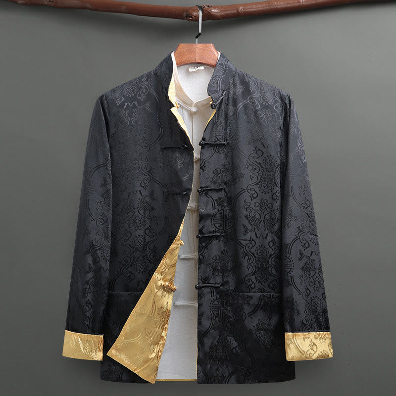 2Pcs Men's Tang Suit Koi Fish Pattern Frog-Button Long Sleeve Shirt Pants Set - Image 26