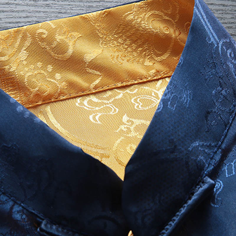 2Pcs Men's Tang Suit Koi Fish Pattern Frog-Button Long Sleeve Shirt Pants Set - Image 11