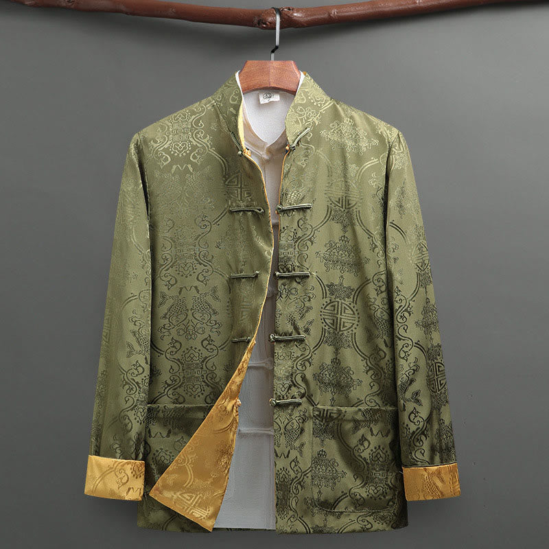 2Pcs Men's Tang Suit Koi Fish Pattern Frog-Button Long Sleeve Shirt Pants Set - Image 24