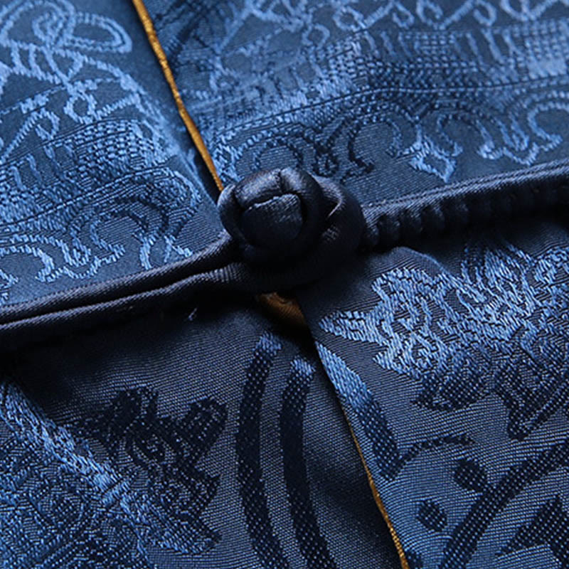 2Pcs Men's Tang Suit Koi Fish Pattern Frog-Button Long Sleeve Shirt Pants Set - Image 13