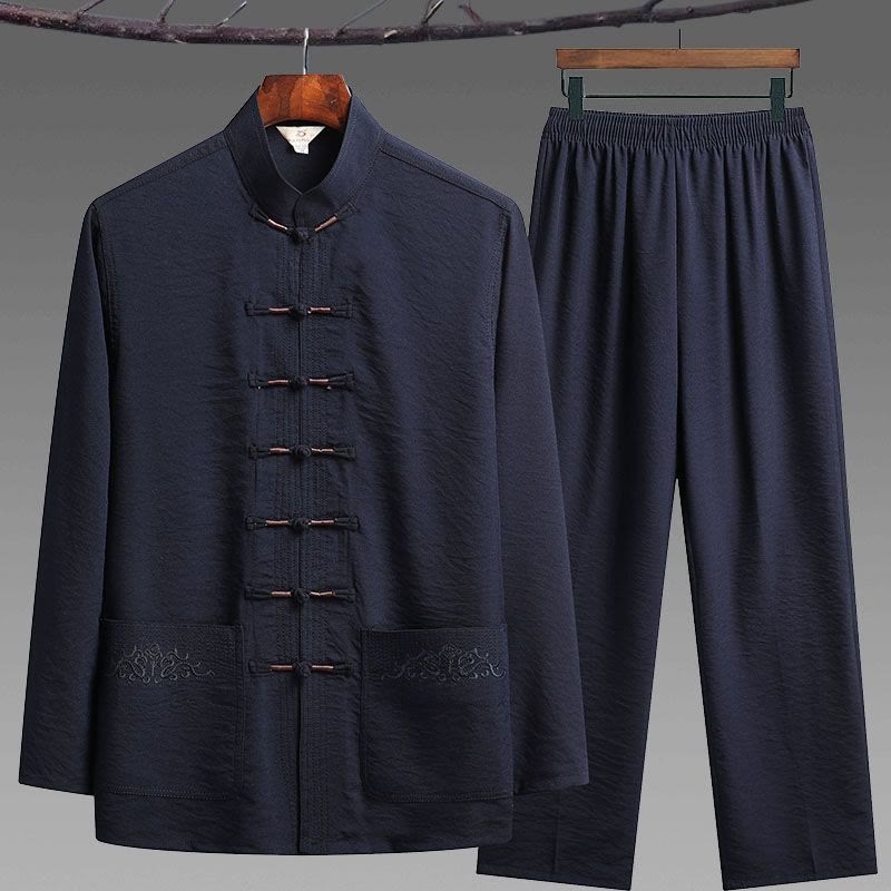 2Pcs Plain Tang Suit Men's Frog-Button Long Sleeve Shirt Pants Set