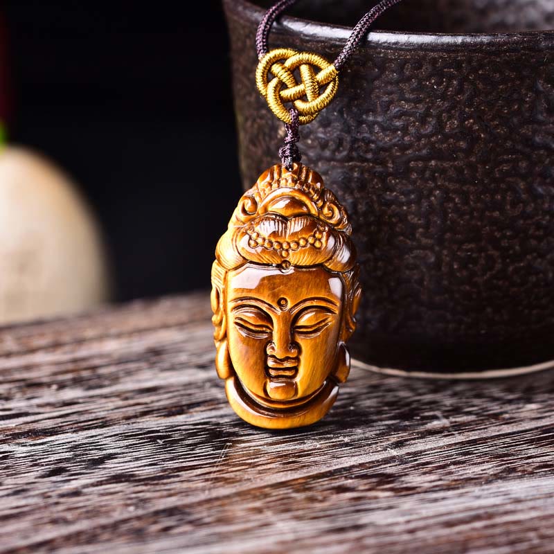 Tiger Eye Kwan Yin Avalokitesvara Head String Strength Necklace Pendant - Image 7