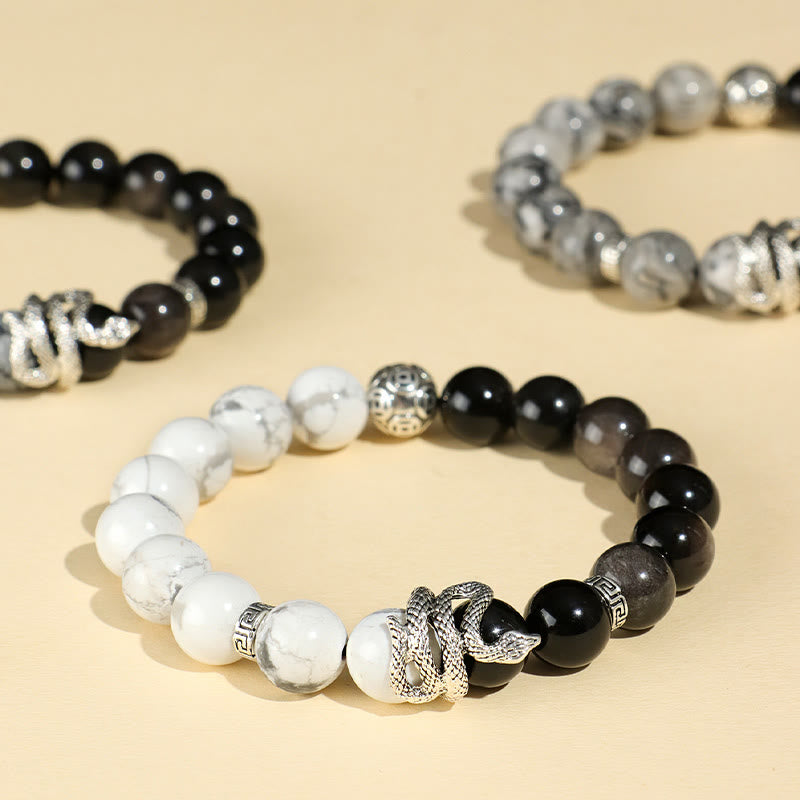 Natural Silver Sheen Obsidian White Turquoise Grey Jasper Snowflake Obsidian Year Of The Snake Protection Bracelet