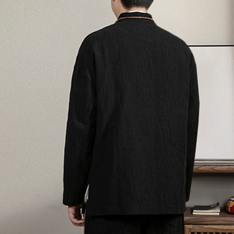 Casual Frog-Button Tang Suit Jacquard Linen Men's Shirt - Image 5