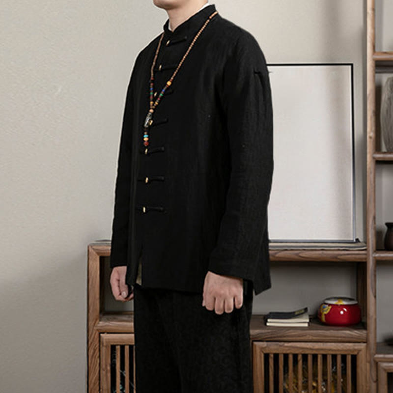 Casual Frog-Button Tang Suit Jacquard Linen Men's Shirt - Image 4